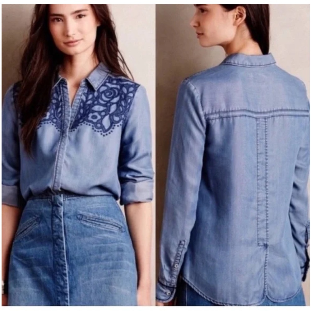 ANTHROPOLOGIE Holding Horses Embroidered Chambray Denim Shirt